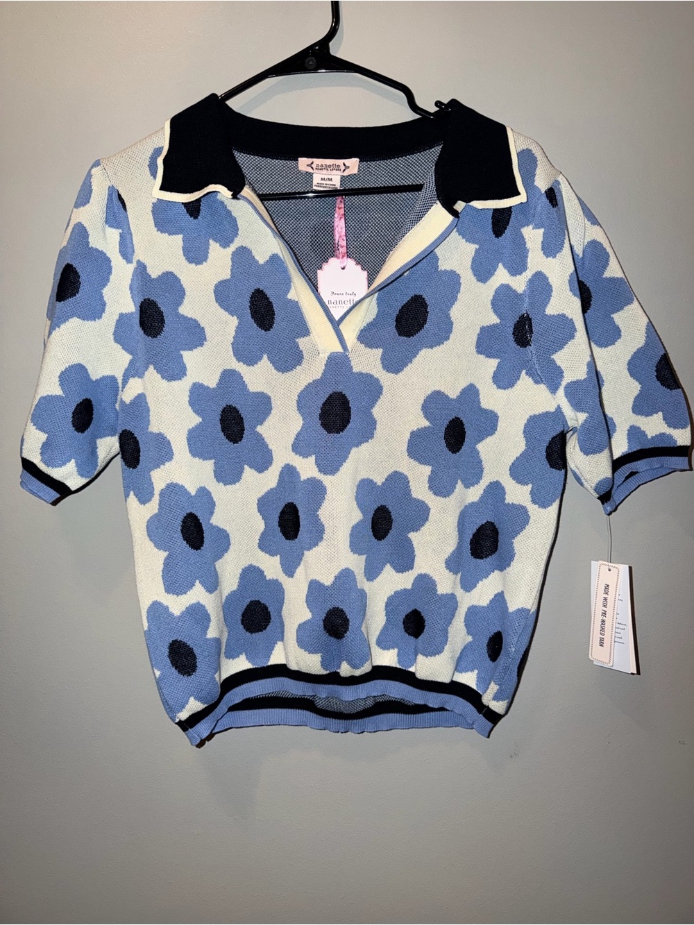 Nanette Lepore Blue Floral Knit Polo Top
